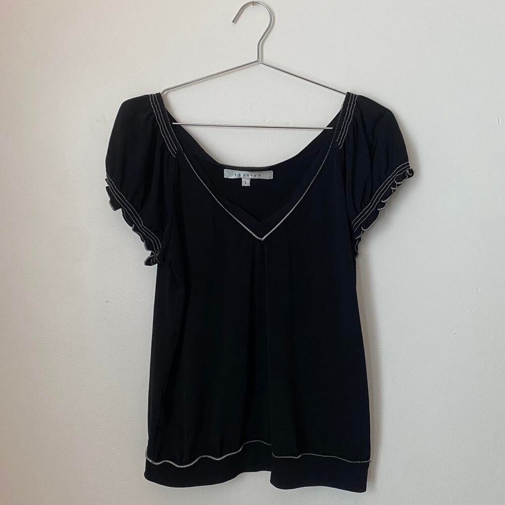 Vintage Black Short Sleeve V-Neck Blouse Women's Large Y2K